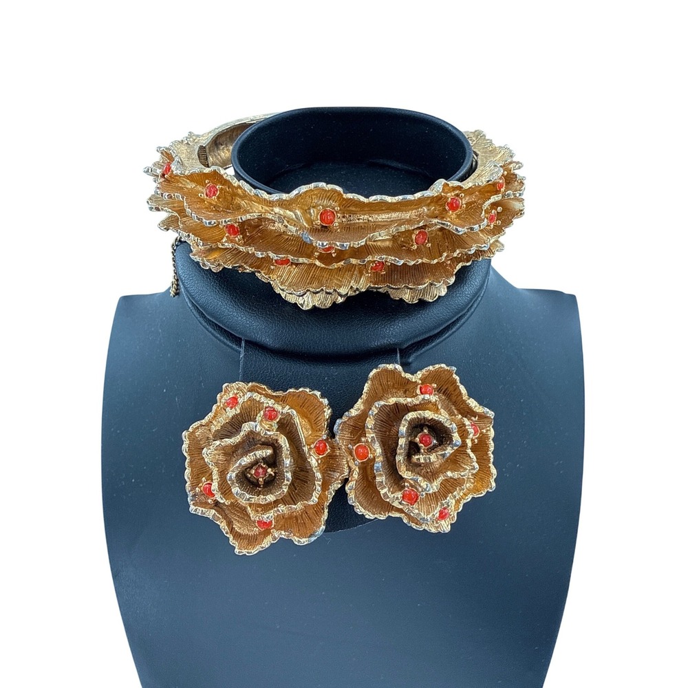 Hattie Carnegie Jewelry Set Womens Gold Orange Ruffle Clamper Bracelet Earrings